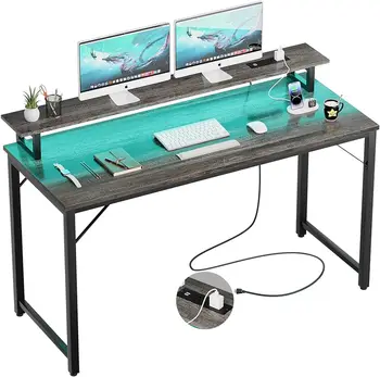 55-дюймовый компьютерный стол с розетками, офисный стол, игровой стол со светодиодной подсветкой, домашний офис с полкой для монитора,