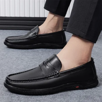 2023 Мужская обувь из натуральной кожи 38-45, кожаные мягкие противоскользящие резиновые лоферы, мужская черная повседневная обувь из натуральной кожи