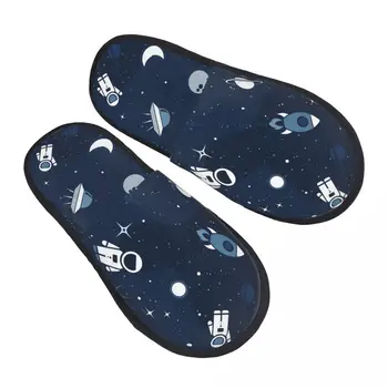 Зимние женские Мужские нескользящие тапочки на плоской подошве, модная меховая мягкая обувь для космонавтов, космический корабль, ракета, Луна, Мягкая теплая обувь для помещений