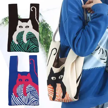 Модная косметичка большой емкости, кошачья хозяйственная сумка, мультяшная сумка через плечо в этническом стиле, вязаная сумка на запястье, женская сумка