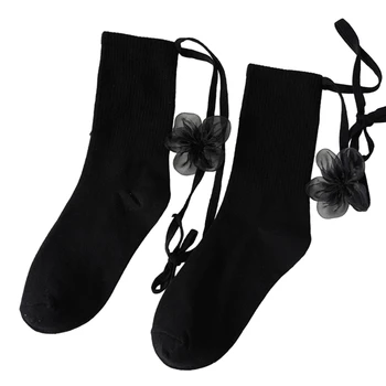 Бандажные носки в стиле Лолиты, носки до икр с 3D цветами, милые гольфы