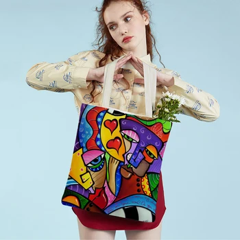Модная Красочная Абстрактная живопись, Женская холщовая школьная сумка, сумка для покупок, двусторонняя сумка для путешествий с мультяшной девушкой
