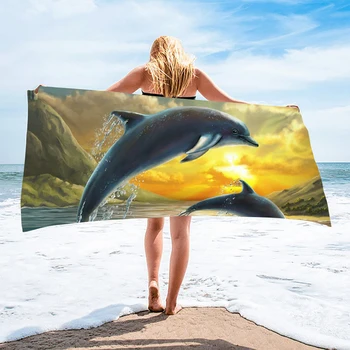 Пляжное полотенце с рисунком заката с милым дельфином, быстросохнущее банное полотенце без песка, впитывающее купальное полотенце для детей, женщин, мужчин, подарок