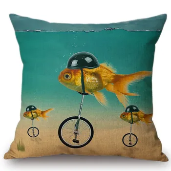 Комическая Забавная Золотая рыбка с монокристаллическим кораблем, Синее Украшение дивана, чехлы для подушек, Хлопчатобумажный Льняной чехол для подушек для стульев на открытом воздухе на заднем дворе