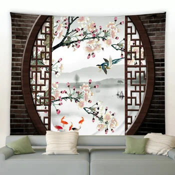 Китайский стиль, ретро Пейзаж, Гобелен, современный фон, Настенное украшение, одеяло для спальни, гостиной, Садовый фон