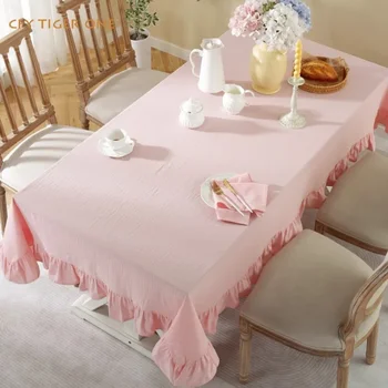 Хлопчатобумажная прямоугольная скатерть в корейском стиле со свежими розовыми оборками по низу, моющаяся и маслостойкая, коврик для журнального столика, покрытие стола