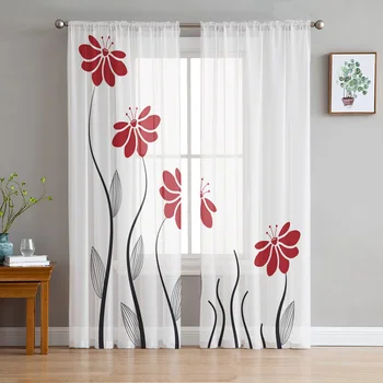 Декоративное растение в виде красного цветка, Прозрачные шторы для гостиной, спальни, кухни, Вуали для окон, Тюлевая занавеска из органзы