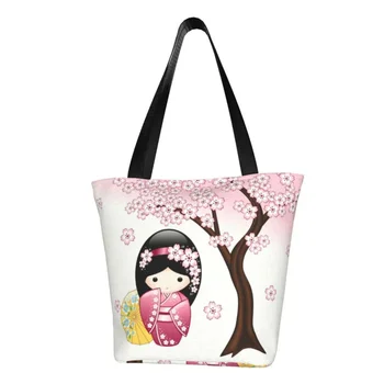 Изготовленные на заказ японские холщовые сумки Kokeshi для покупок, женские многоразовые милые девчачьи сумки sakura cherry blossom, сумка-тоут