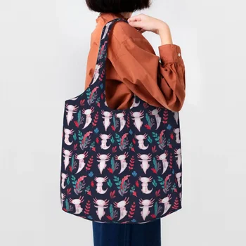 Сумки-тоут с рисунком кавайного Аксолотля, холщовая сумка для покупок с животными-саламандрами, сумка для покупок в продуктовых магазинах, сумки для фотографий