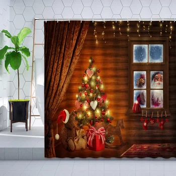 Рождественская Занавеска для душа Креативная Ретро Старая Деревянная Дверь Санта Клаус Рождественский Бал Декор Настенная Ткань Занавески для ванной комнаты Полиэстер