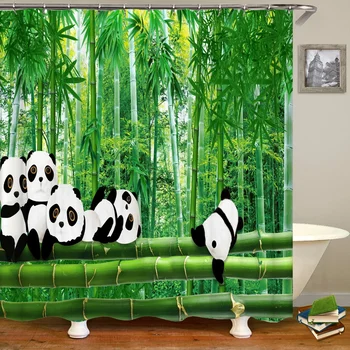 Водонепроницаемая занавеска для душа в ванной комнате, 3D Милое животное Панда, Зеленый Бамбук, Полиэфирная занавеска для украшения дома с пейзажным принтом.