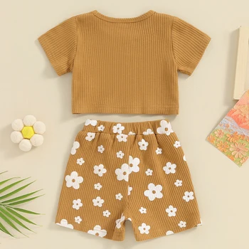Летняя одежда для новорожденных девочек, трикотажные футболки в рубчик с коротким рукавом и цветочным принтом, укороченные топы, Шорты, комплект