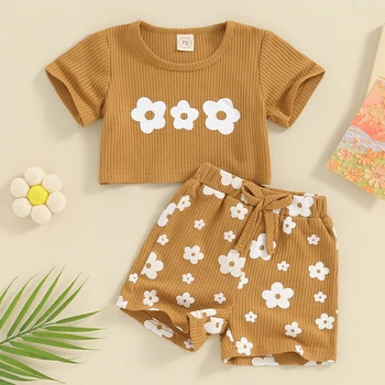 Летняя одежда для новорожденных девочек, трикотажные футболки в рубчик с коротким рукавом и цветочным принтом, укороченные топы, Шорты, комплект