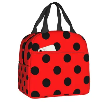 Термоизолированная сумка для ланча в красный и черный горошек с рисунком божьих коровок, портативная сумка для ланча для детей, школьная Многофункциональная коробка для еды