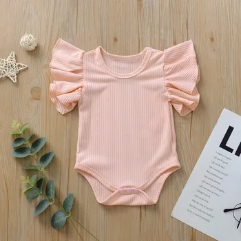 Летний комбинезон для новорожденных в рубчик для маленьких девочек Хлопковый боди с коротким рукавом и оборками Bebe Трикотажные комбинезоны Пижамы 0-2 лет