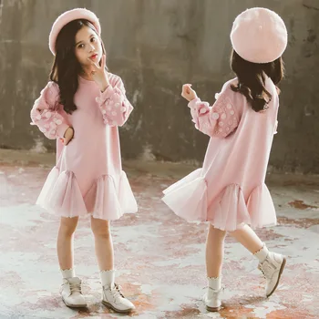 Детская одежда, весенне-осеннее розовое платье-свитер с нашивками для девочек, детские сетчатые платья с круглым вырезом и длинными рукавами в виде лепестков