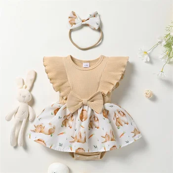 Наряд для новорожденной девочки EWODOS, платье-ползунки с круглым вырезом и принтом кролика с бантом для волос, летняя одежда