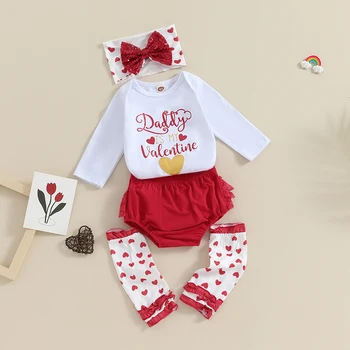 Комплект одежды на День Святого Валентина для маленькой девочки из 5 предметов, комбинезон с длинным рукавом, кружевные шорты и гетры, набор повязок на голову