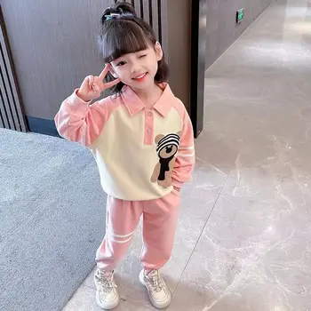 Корейский детский комплект, костюм 2023, Весна-осень, Модный буквенный принт для маленьких девочек, 2 предмета одежды, хлопковый свитер с отворотом + брюки
