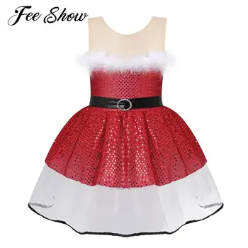 Красное рождественское платье для девочек на День рождения, блестящее сетчатое платье-пачка с пайетками, детские платья для косплея для девочек, Рождественский костюм принцессы