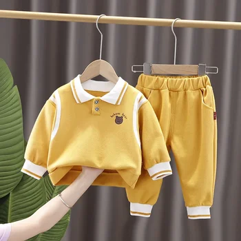 Новый весенне-осенний комплект одежды для маленьких девочек, футболки и штаны с отложным воротником и длинными рукавами с героями мультфильмов, 2 предмета одежды для мальчиков, детская одежда