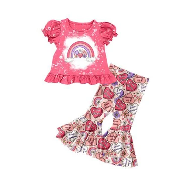 Расклешенные брюки с короткими рукавами на День Святого Валентина, детский костюм, комбинезон на подтяжках, короткий костюм для девочки с длинными рукавами, детское платье-комбинезон