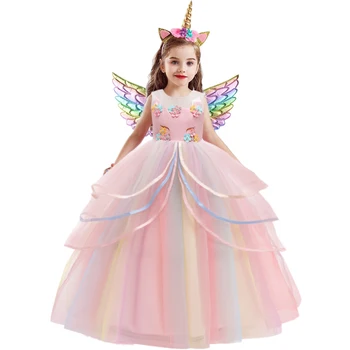 Летнее красочное платье для девочек с единорогом, кружевное платье для вечеринки в честь дня рождения, детские платья принцессы для девочек, Рождественский костюм невесты с цветами