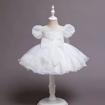Пышное платье с вышивкой для девочек, кружевные платья принцессы с бантом, тюлевые платья для дня рождения, Вечернее бальное платье с цветами для детей