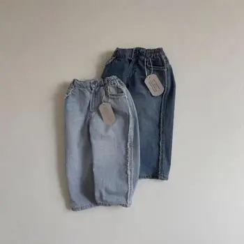 Осенние Новые Детские Свободные джинсовые брюки, повседневные универсальные шаровары для малышей, модные джинсы с необработанным краем для мальчиков и девочек, детская одежда