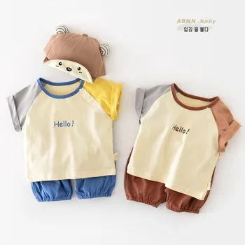 Летний тонкий комплект Jenny & Dave Baby для мальчиков и девочек Корейское издание, повседневный комплект с круглым вырезом и открытыми плечами, короткий рукав, футболка