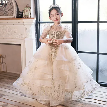 Новое элегантное вечернее свадебное платье для девочек, бальное платье с цветочным узором, праздничное платье принцессы на день рождения, Летнее Детское длинное платье с блестками