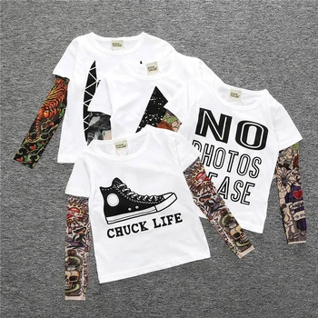 Детская футболка в стиле хип-хоп с мультяшным принтом, детская нижняя рубашка с круглым вырезом, топ с татуировками и длинными рукавами для мальчиков и девочек