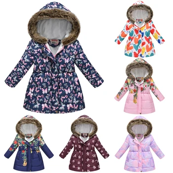 2024 Новая зимняя куртка для девочек, модное теплое пальто принцессы с капюшоном и меховым воротником на молнии, верхняя одежда для детей 3-10 лет