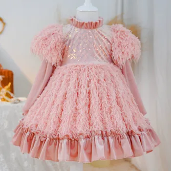 Платье из перьев цвета шампанского 2023, Весенне-осеннее Корейское детское бархатное платье принцессы для девочек в клетку с блестками