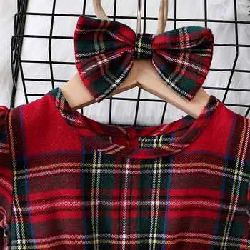 Рождественский комбинезон для новорожденных девочек, платье-пачка в клетку с рюшами, осенне-зимние комбинезоны, комплект с повязкой на голову