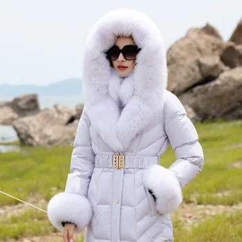 Роскошное женское Длинное пуховое пальто с большим меховым воротником из лисьего пуха, 95% Белого утиного пуха, водонепроницаемое, приталенное, утолщенное, сохраняющее тепло, пуховик X-Long