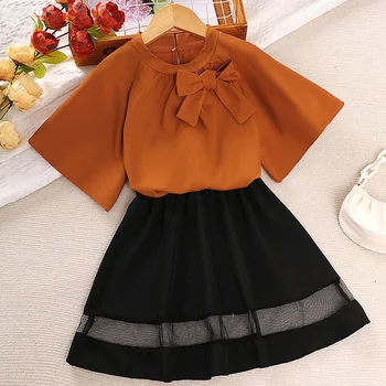 Летняя одежда для девочек 8-12 лет, одинаковая одежда для семьи, черная юбка и коричневый топ с короткими рукавами, комплекты повседневной одежды в корейском стиле