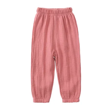 Прыгающие метры от 2 до 7 лет, розовые брюки для девочек из хлопчатобумажной и льняной ткани, брюки полной длины для мальчиков и девочек, однотонные эластичные однотонные детские брюки