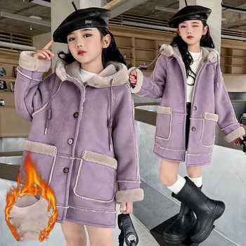 Корейская зимняя Детская куртка для девочек Плюс Бархатная меховая куртка для девочек-подростков, Ветрозащитные Теплые пальто с капюшоном для школьниц, Зимняя утепленная верхняя одежда