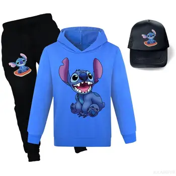Модные Мальчики и девочки, Новая демисезонная детская толстовка Disney Stitch, штаны, шляпа, комплект из 3 предметов, от 2 до 16 лет