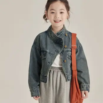 Верхняя одежда для девочек осень 2023, детская короткая джинсовая верхняя одежда в стиле ретро, универсальная зимняя куртка в корейском стиле для девочек