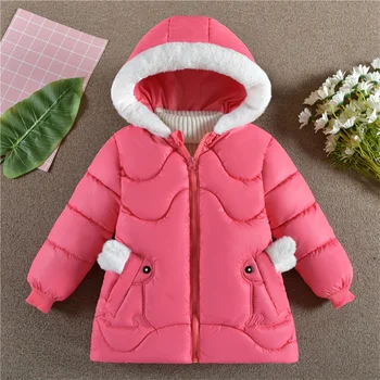 Хлопковая куртка с капюшоном для девочек Зимняя Теплая куртка с меховым воротником для маленькой принцессы Верхняя одежда на молнии Рождественская Детская одежда 2023 Новинка