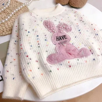 Модный и милый свитер для девочек с розовым кроликом для девочек 2024 года, свитер для девочек с рисунком кролика из бисера, трикотаж для девочек