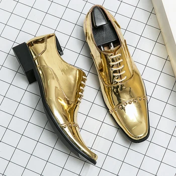 Мужские золотистые роскошные деловые туфли-оксфорды, мужские официальные туфли из лакированной кожи, увеличивающие рост, большие размеры, мужские офисные свадебные туфли на высоких каблуках