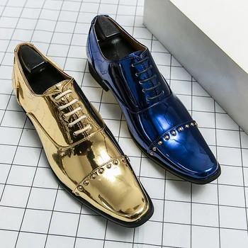 Мужские золотистые роскошные деловые туфли-оксфорды, мужские официальные туфли из лакированной кожи, увеличивающие рост, большие размеры, мужские офисные свадебные туфли на высоких каблуках