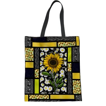 Женская сумка Yikeluo Sunflower Canvas Tote, эко-сумка для покупок, Daisy Black, моющаяся сумка для путешествий на открытом воздухе, сумка-тоут, цветочная сумочка