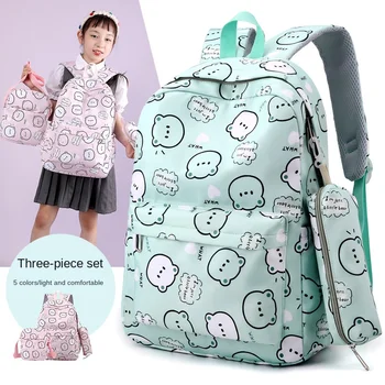 Младший школьный школьный трехсекционный набор мультфильм печати водонепроницаемый девочек рюкзак учащегося начальной школы школьный мешок ручки