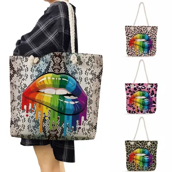 Женская многоразовая модная Леопардовая сумка с принтом радужных губ, Толстая веревочная сумка для покупок, дорожные Элегантные сумки из полиэстера для женщин
