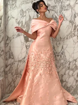 Розовые румяна, 3D Цветы, расшитые бисером, вечерние платья из Дубая, Трапециевидные платья с открытыми плечами, Саудовская Аравия, вечерние платья для официальных вечеринок