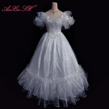 AnXin SH винтажное платье принцессы из белой органзы с оборками, V-образный вырез, короткий пышный рукав, расшитое бисером и жемчугом, вечернее старинное свадебное платье на шнуровке